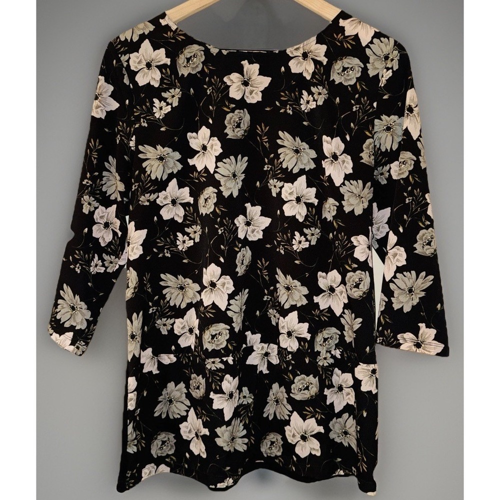 French Connection Floral Mixed Media Top Women's L Lyocell Crew Neck 3/4 Sleeve